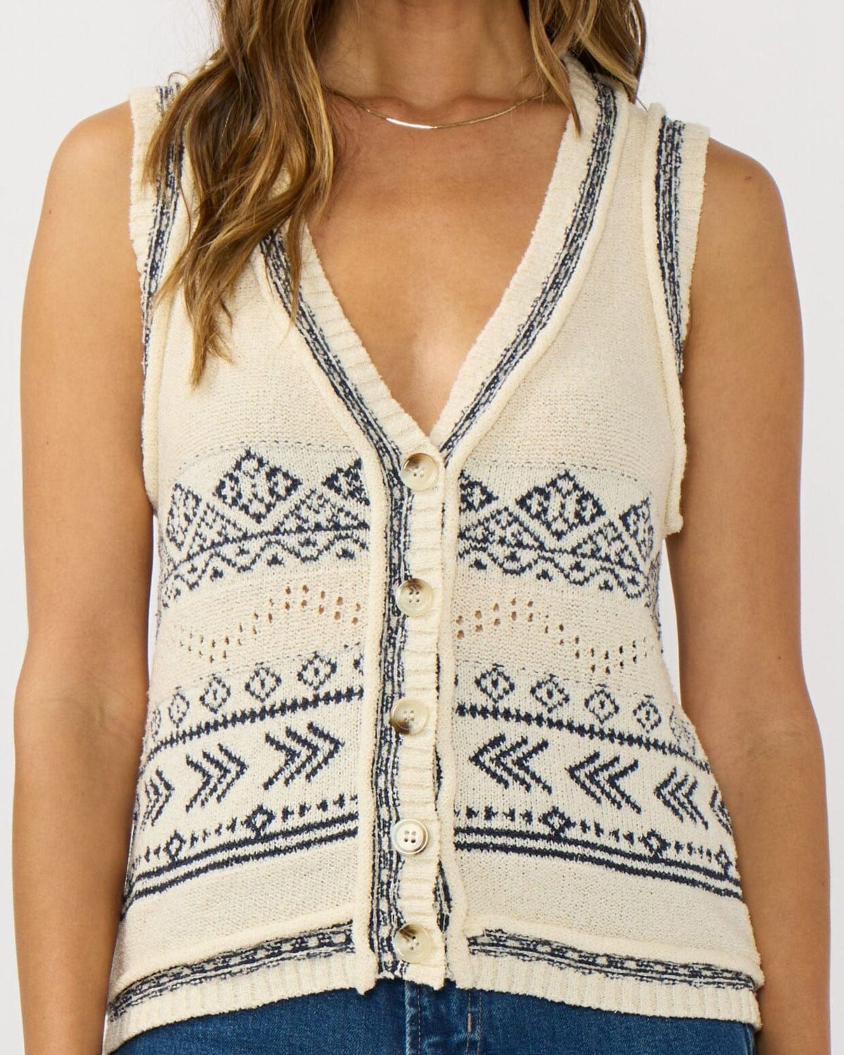 V-Neck Button Front Sweater Vest (Natural + Navy)