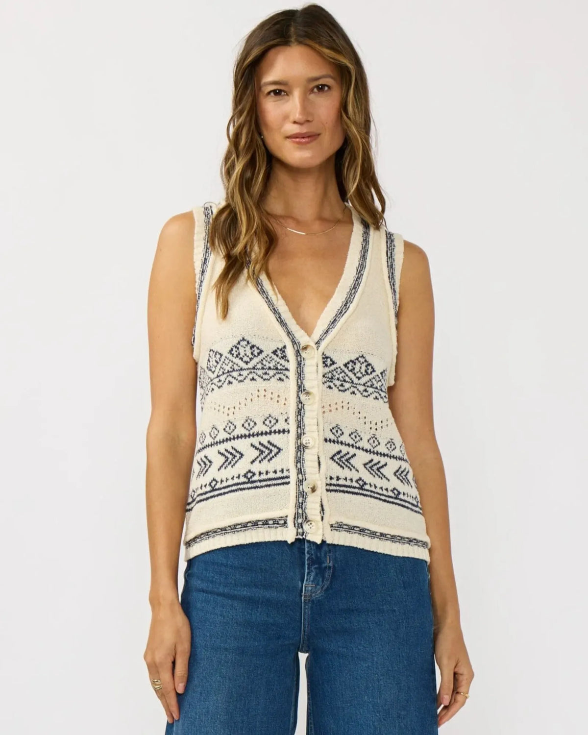 V-Neck Button Front Sweater Vest (Natural + Navy)