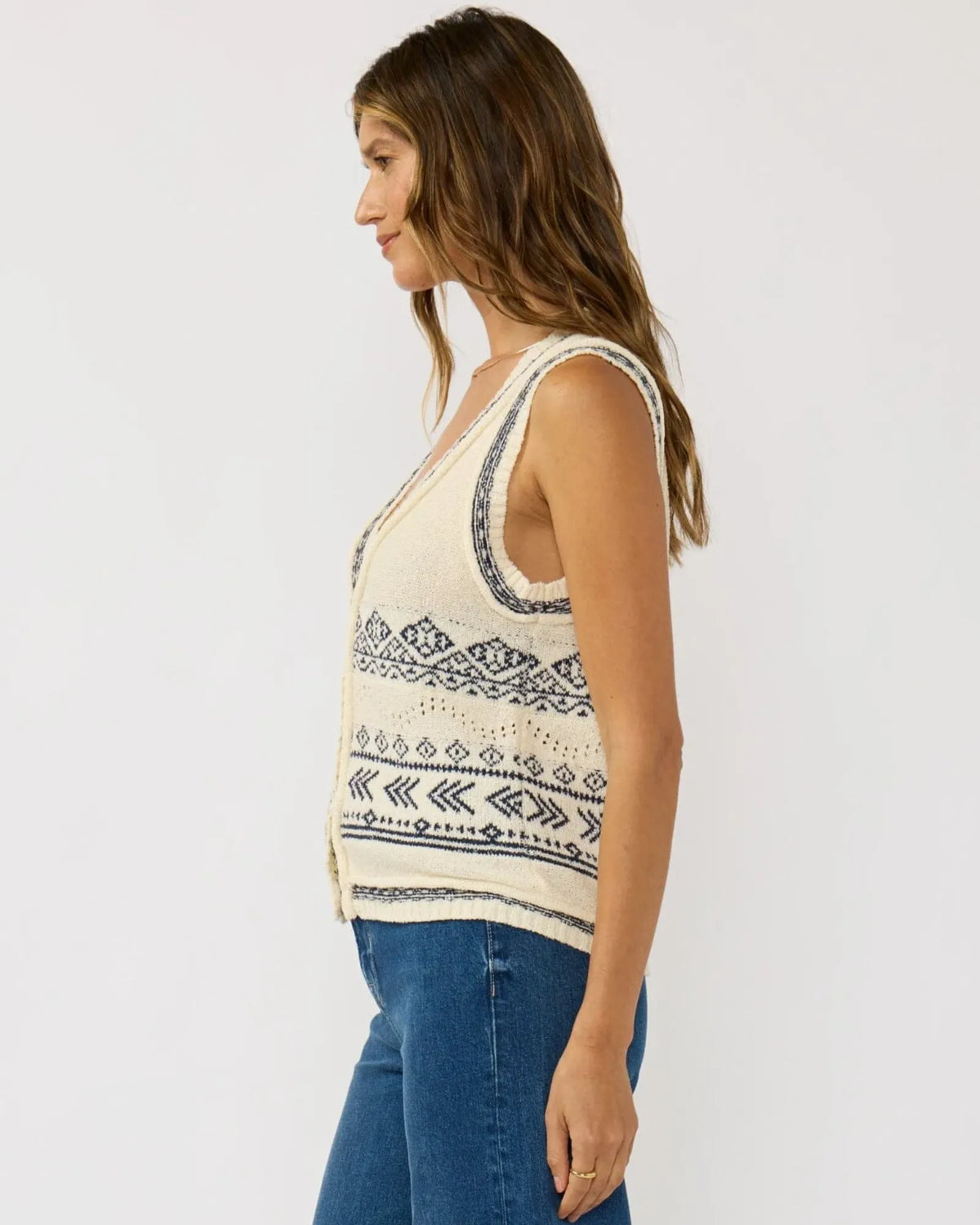 V-Neck Button Front Sweater Vest (Natural + Navy)
